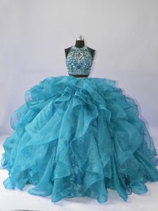 Floor Length Teal Quinceanera Gowns Organza Brush Train Sleeveless Beading and Ruffles