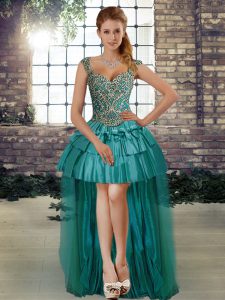 Cute Beading Prom Evening Gown Teal Lace Up Sleeveless High Low