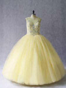 Amazing Floor Length Light Yellow Quinceanera Gown Scoop Sleeveless Lace Up