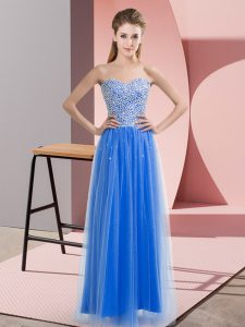 Blue Empire Beading Prom Dresses Lace Up Tulle Sleeveless Floor Length
