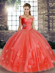 Graceful Floor Length Watermelon Red Sweet 16 Dresses Off The Shoulder Sleeveless Lace Up