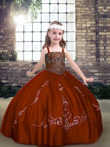 Rust Red Ball Gowns Beading Little Girls Pageant Gowns Lace Up Tulle Sleeveless Floor Length