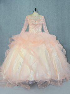 Custom Made Peach Ball Gowns Tulle Scoop Long Sleeves Beading and Ruffles Floor Length Lace Up Quinceanera Gowns