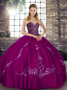 Sleeveless Tulle Floor Length Lace Up Ball Gown Prom Dress in Fuchsia with Beading and Embroidery