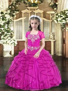 Superior Floor Length Lace Up Kids Formal Wear Fuchsia for Party with Beading