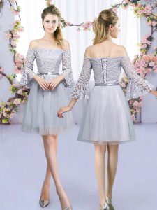 Glamorous Lace and Belt Vestidos de Damas Grey Lace Up 3 4 Length Sleeve Mini Length