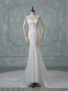 Designer White Mermaid Spaghetti Straps Sleeveless Lace Court Train Backless Beading and Lace Wedding Gowns
