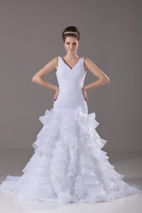 Super White Lace Up V-neck Ruffled Layers Bridal Gown Organza Sleeveless Brush Train