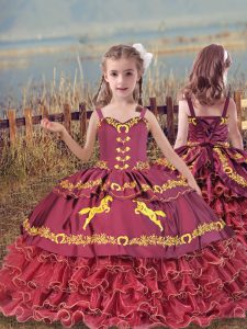 Sleeveless Organza Floor Length Lace Up Girls Pageant Dresses in Wine Red with Beading and Embroidery and Ruffled Layers