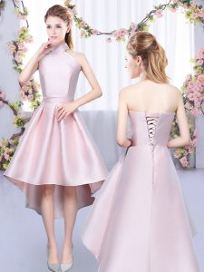Baby Pink Satin Lace Up Quinceanera Court of Honor Dress Sleeveless High Low Ruching