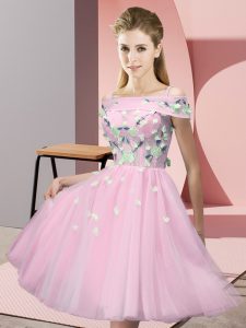 Knee Length Baby Pink Bridesmaid Dresses Tulle Short Sleeves Appliques