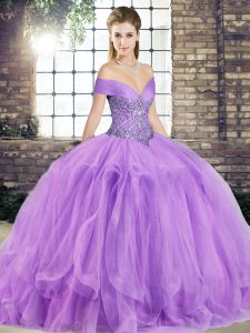 Dramatic Floor Length Lavender Quinceanera Dresses Off The Shoulder Sleeveless Lace Up