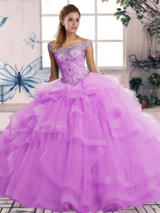 Beading and Ruffles Quince Ball Gowns Lilac Lace Up Sleeveless Floor Length