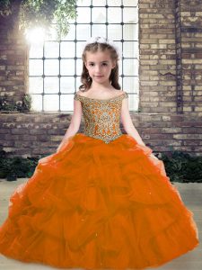 Gorgeous Orange Red Ball Gowns Organza Off The Shoulder Sleeveless Beading Floor Length Lace Up Little Girls Pageant Dre