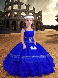 Dramatic Ball Gowns Little Girls Pageant Dress Wholesale Royal Blue Straps Satin and Organza Sleeveless Floor Length Zip