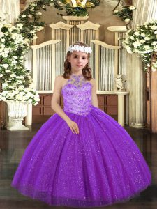Sleeveless Tulle Floor Length Lace Up Pageant Dress for Womens in Purple with Beading