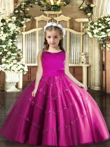 Amazing Fuchsia Ball Gowns Scoop Sleeveless Tulle Floor Length Lace Up Beading Kids Formal Wear