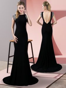 Black Prom Dress Prom and Party with Beading High-neck Short Sleeves Brush Train Backless
