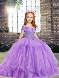 Cheap Lavender Tulle Lace Up Straps Sleeveless Floor Length Little Girls Pageant Dress Wholesale Beading