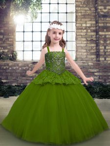 Olive Green Ball Gowns Beading Kids Formal Wear Lace Up Tulle Sleeveless Floor Length