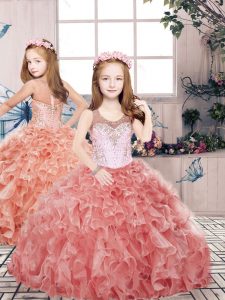 Classical Red Ball Gowns Beading and Ruffles Little Girls Pageant Dress Wholesale Zipper Organza Sleeveless Floor Length