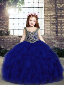 Tulle Straps Sleeveless Lace Up Beading and Ruffles Girls Pageant Dresses in Royal Blue