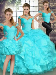 Ideal Sleeveless Floor Length Beading and Ruffles Lace Up 15 Quinceanera Dress with Aqua Blue