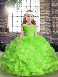 Spaghetti Straps Sleeveless Organza Custom Made Pageant Dress Beading and Ruffles and Ruching Lace Up