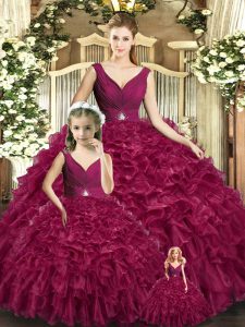 Burgundy 15th Birthday Dress For with Beading and Ruffles V-neck Sleeveless Backless