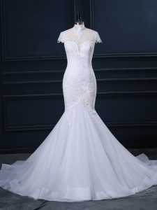 White Mermaid Lace Wedding Gowns Clasp Handle Tulle Cap Sleeves