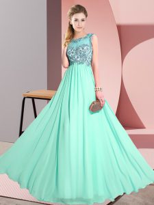 Sweet Chiffon Scoop Sleeveless Backless Beading and Appliques Vestidos de Damas in Apple Green