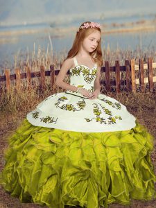 Floor Length Ball Gowns Sleeveless Olive Green Child Pageant Dress Lace Up