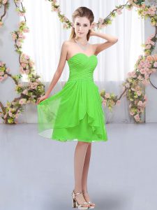 Inexpensive Sleeveless Chiffon Knee Length Lace Up Wedding Guest Dresses in with Ruffles and Ruching
