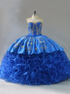 Fine Fabric With Rolling Flowers Sweetheart Sleeveless Lace Up Embroidery and Ruffles Sweet 16 Quinceanera Dress in Roya