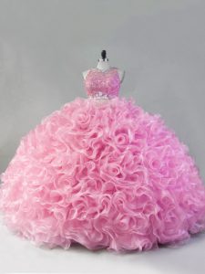 Fancy Scoop Sleeveless Zipper Sweet 16 Dress Pink Fabric With Rolling Flowers
