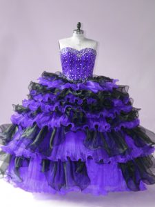 Sleeveless Floor Length Beading and Ruffled Layers Lace Up Quince Ball Gowns with Black And Purple