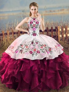 Beautiful Halter Top Sleeveless Organza 15 Quinceanera Dress Embroidery and Ruffles Lace Up
