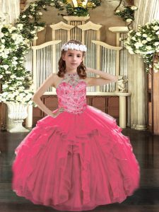 Hot Pink Sleeveless Floor Length Beading and Ruffles Lace Up Kids Pageant Dress