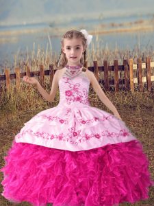 Nice Sleeveless Organza Floor Length Lace Up Kids Pageant Dress in Hot Pink with Beading and Embroidery and Ruffles