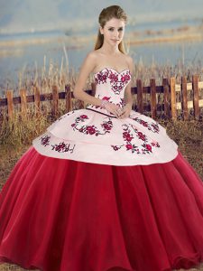 Gorgeous White And Red Ball Gowns Sweetheart Sleeveless Tulle Floor Length Lace Up Embroidery and Bowknot 15th Birthday 