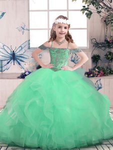 Tulle Off The Shoulder Sleeveless Lace Up Beading and Ruffles Pageant Gowns For Girls in Apple Green