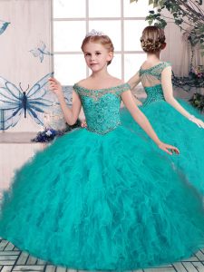 Beading Girls Pageant Dresses Teal Lace Up Sleeveless Floor Length
