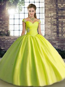 Ball Gowns Quinceanera Dresses Yellow Green Off The Shoulder Tulle Sleeveless Floor Length Lace Up