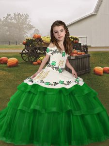 Popular Green Straps Neckline Embroidery and Ruffled Layers Little Girl Pageant Dress Sleeveless Lace Up