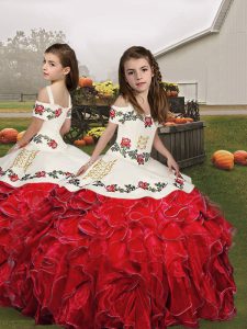 Sleeveless Organza Floor Length Lace Up Kids Pageant Dress in Red with Embroidery and Ruffles