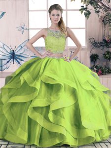 Green Tulle Lace Up Scoop Sleeveless Floor Length Quinceanera Gowns Beading and Lace and Ruffles