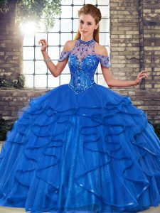 Romantic Beading and Ruffles Quinceanera Dresses Royal Blue Lace Up Sleeveless Floor Length