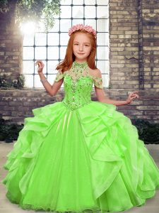 Affordable Organza High-neck Sleeveless Lace Up Beading and Ruffles Pageant Dress for Girls in Green