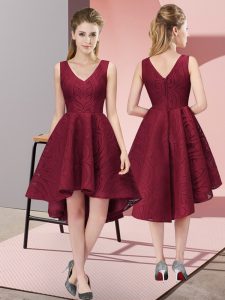 Adorable High Low Burgundy Bridesmaid Gown Lace Sleeveless Lace