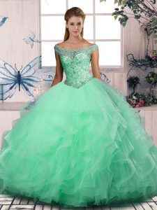 Floor Length Lace Up Sweet 16 Quinceanera Dress Apple Green for Sweet 16 and Quinceanera with Beading and Ruffles